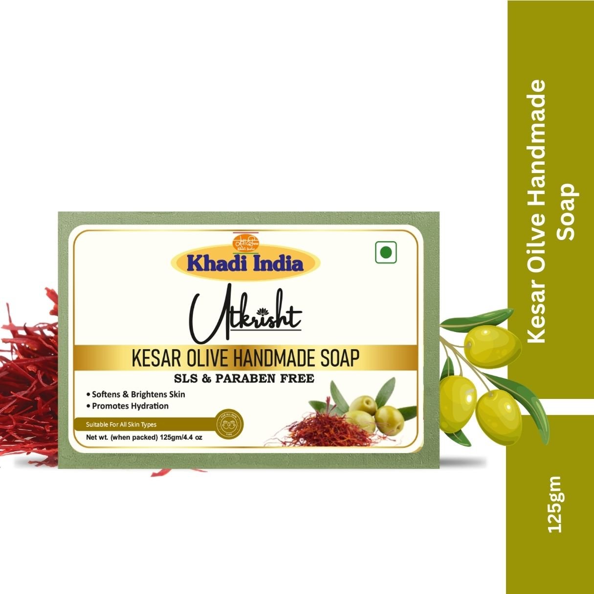 Utkrisht Khadi Kesar Olive Handmade Soap – Brightening, Moisturizing & Natural Glow Bath Bar - 125g (Pack of 2) - Image 2