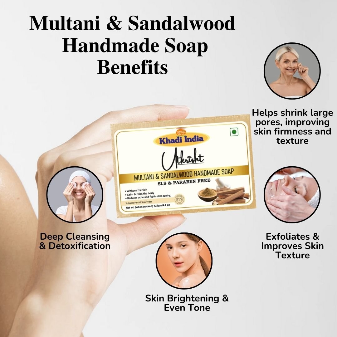 Utrisht Khadi Multani Mitti & Sandalwood Handmade Soap – Oil Control, Tan Removal & Skin Purifying Bath Bar - 125g (Pack of 2) - Image 4
