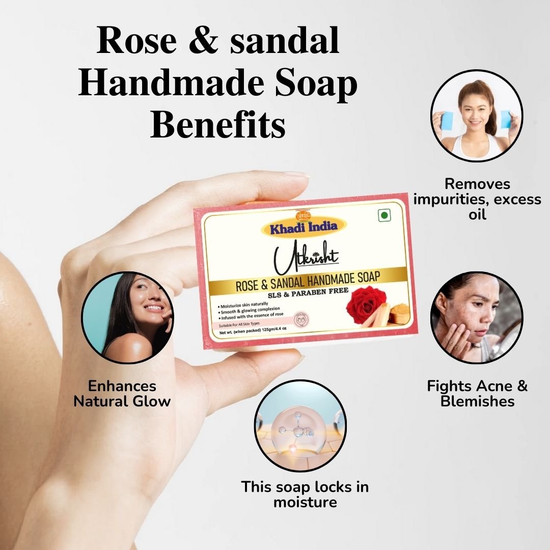 Utkrisht Khadi Rose & Sandal Handmade Soap – Skin Soothing, Brightening & Natural Glow Bath Bar - 125g (Pack of 2) - Image 4