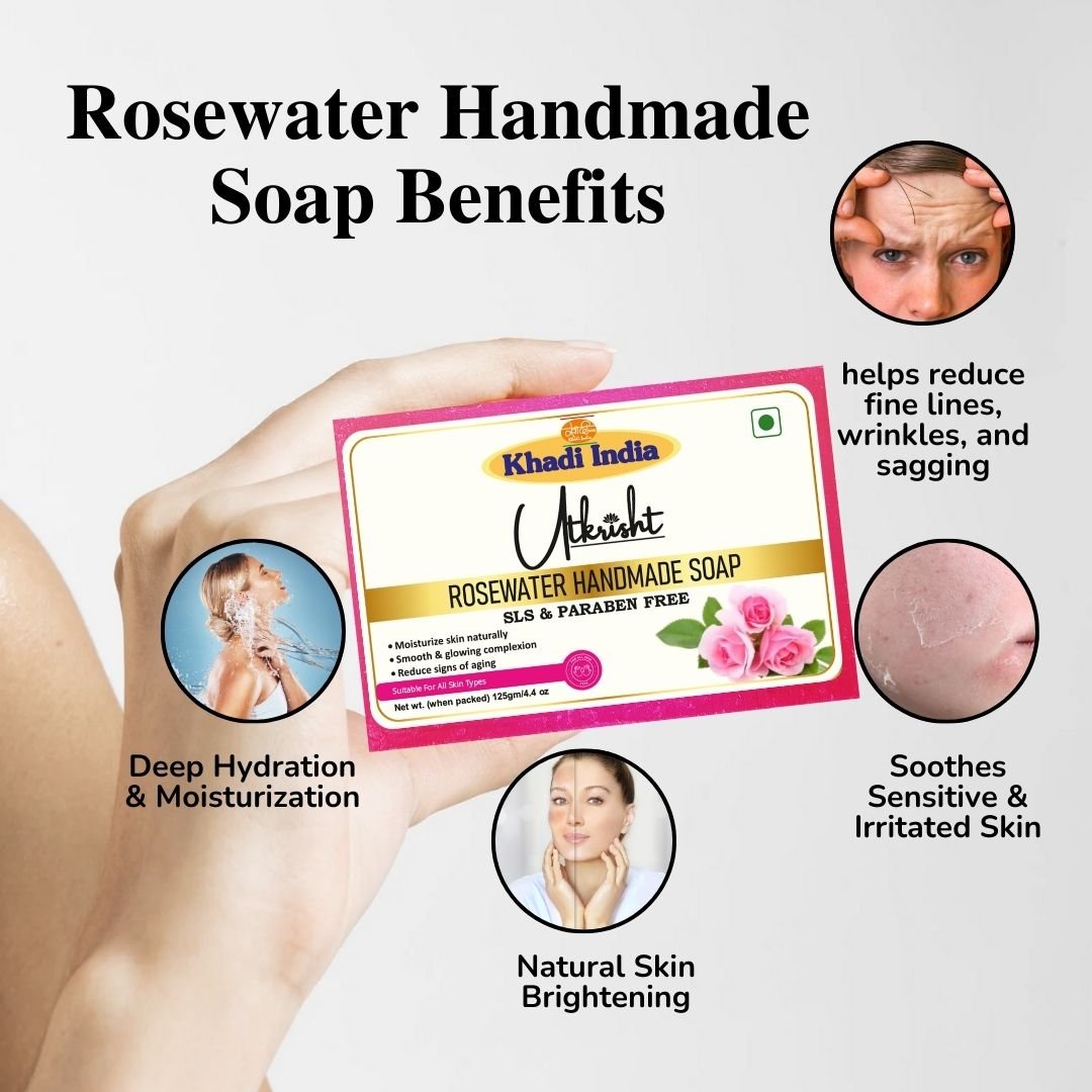 Utkrisht Khadi Rose Water Handmade Soap – Hydrating, Soothing & Natural Glow Bath Bar- 125g (Pack of 2) - Image 4
