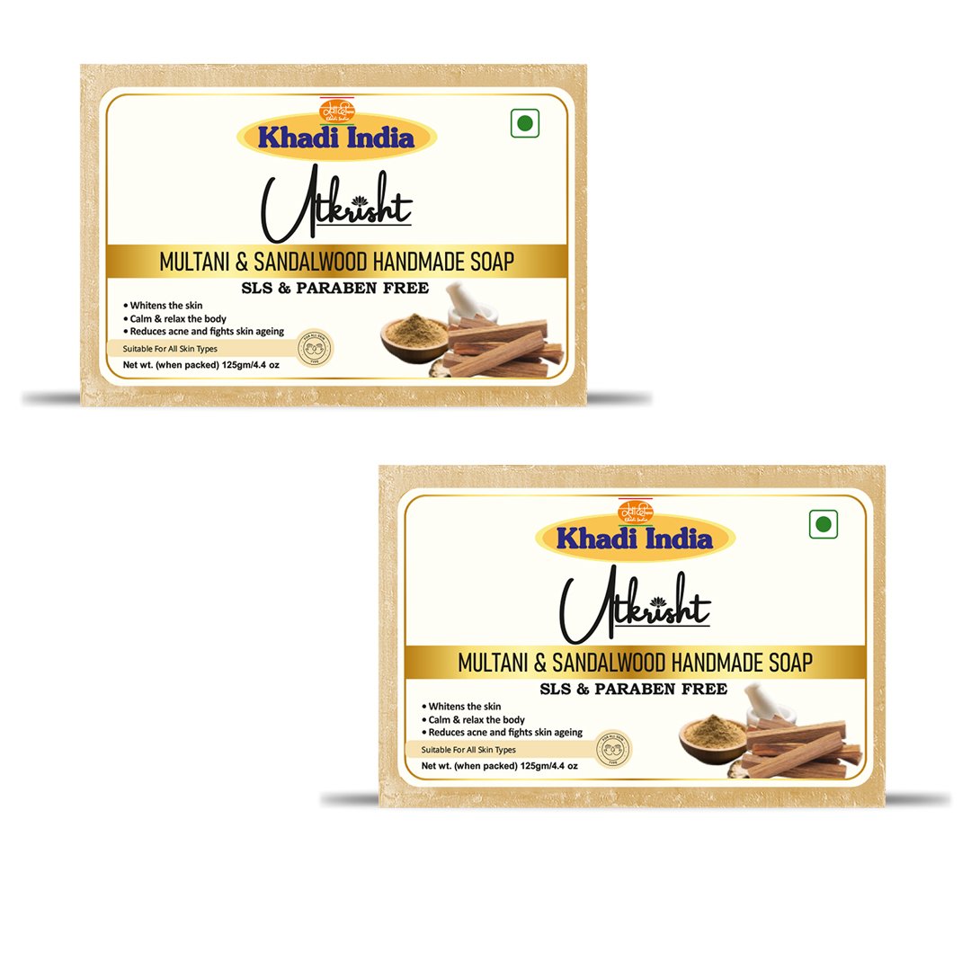 Utrisht Khadi Multani Mitti & Sandalwood Handmade Soap – Oil Control, Tan Removal & Skin Purifying Bath Bar - 125g (Pack of 2)
