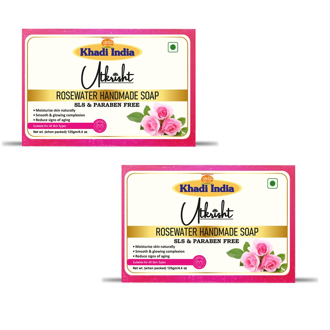 Utkrisht Khadi Rose Water Handmade Soap – Hydrating, Soothing & Natural Glow Bath Bar- 125g (Pack of 2)