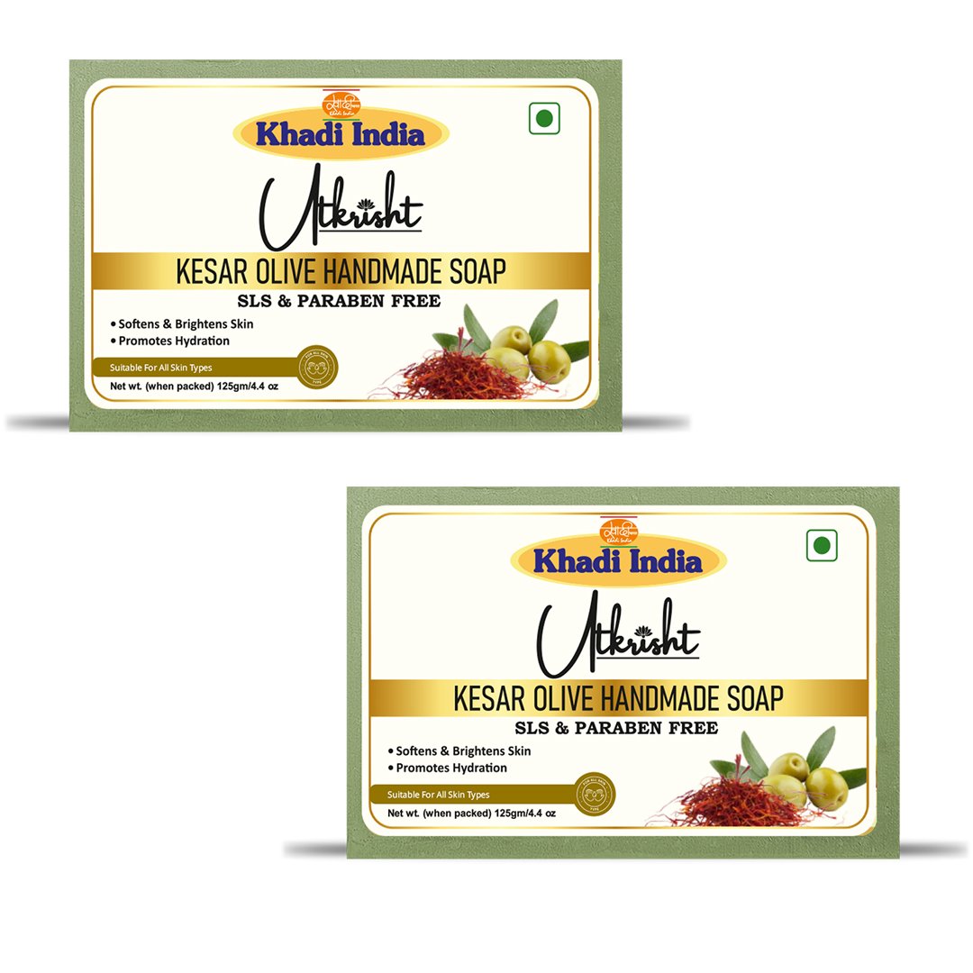Utkrisht Khadi Kesar Olive Handmade Soap – Brightening, Moisturizing & Natural Glow Bath Bar - 125g (Pack of 2)